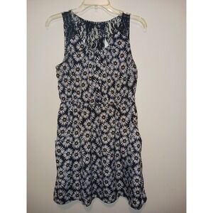 Sleeveless Black‎ Daisy Print Rayon Mini Dress Lace Detail Open Back Size M